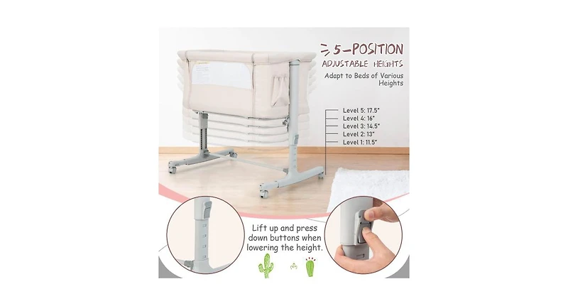 Portable Baby Bedside Bassinet with 5-level Adjustable Heights and Travel Bag
