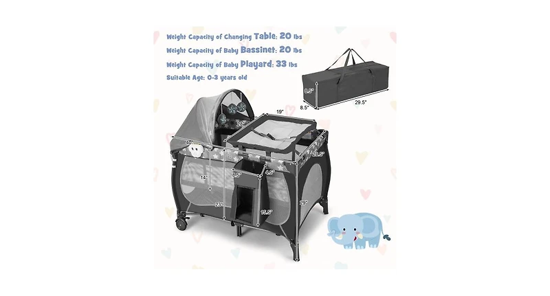5-in-1 Portable Baby Playard with Bassinet and Adjustable Canopy