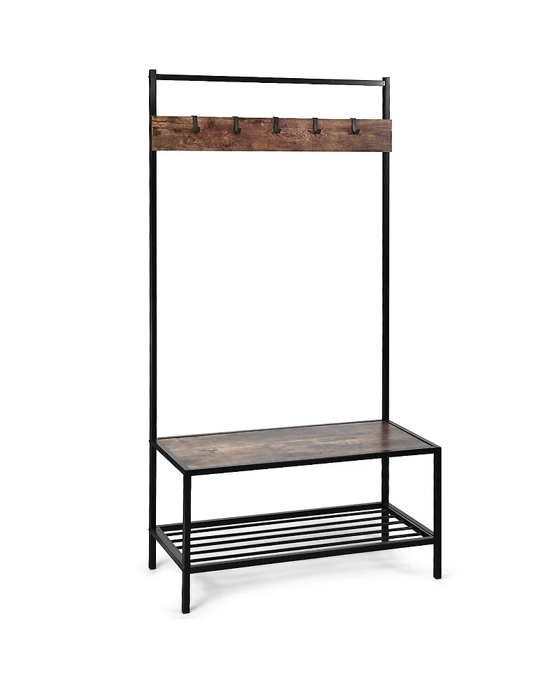 3-in-1 Industrial Coat Rack with 2-tier Storage Bench and 5 Hooks