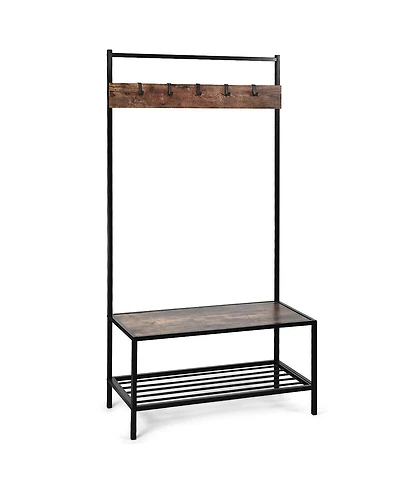 3-in-1 Industrial Coat Rack with 2-tier Storage Bench and 5 Hooks