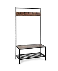 3-in-1 Industrial Coat Rack with 2-tier Storage Bench and 5 Hooks