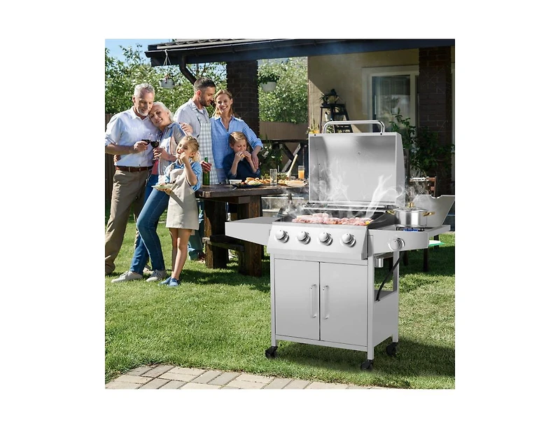 50000BTU 5-Burner Propane Gas Grill with Side Burner and 2 Prep Tables-Silver