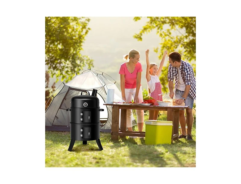 3-in-1 Portable Round Charcoal Smoker Bbq Grill Built-in Thermometer