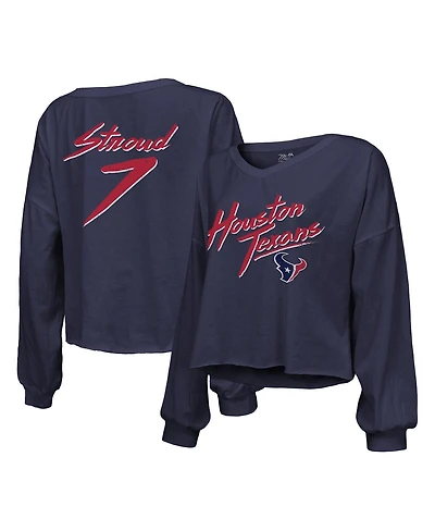 Women's Majestic Threads C.j. Stroud Navy Distressed Houston Texans Name and Number Script Off-Shoulder Cropped Long Sleeve T-shirt