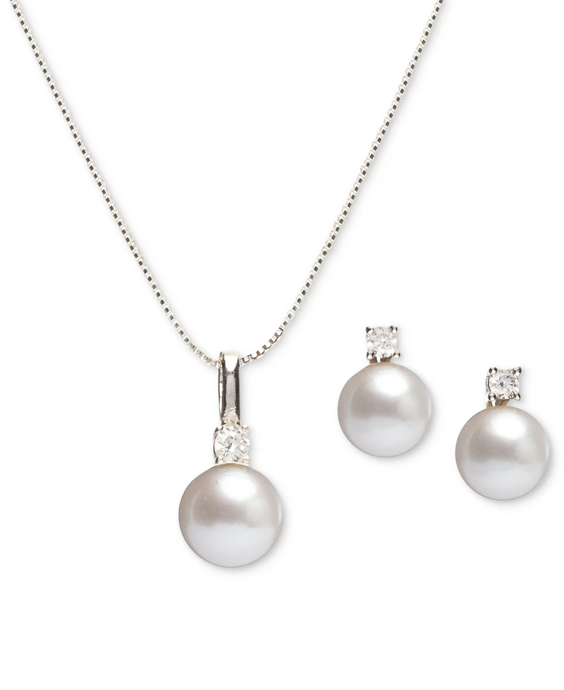2-Pc. Set Cultured Freshwater Pearl (7-1/2 & 8-1/2mm) Cubic Zirconia Pendant Necklace Matching Stud Earrings Sterling Silver