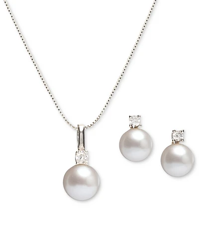2-Pc. Set Cultured Freshwater Pearl (7-1/2 & 8-1/2mm) Cubic Zirconia Pendant Necklace Matching Stud Earrings Sterling Silver