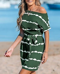 Women's Striped Short Sleeve Jersey Cover Up Dress