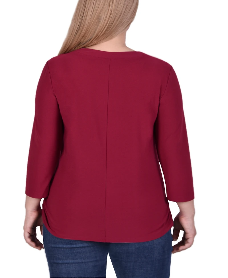 Plus Size Long Sleeve Crepe Knit V-Neck Top with Zipper