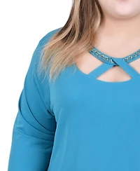 Ny Collection Plus Long Sleeve Jeweled Neck Top