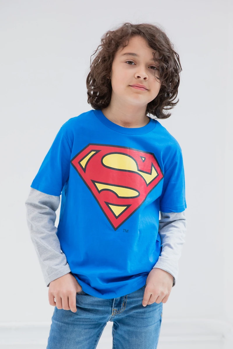 Justice League Little Boys Batman Superman The Flash 3 Pack Hang down Long Sleeve T-Shirts