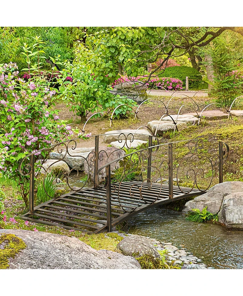 Out sunny 6' Metal Arch Backyard Garden Bridge, Safety Side rails, Arc Footbridge for Backyard Creek, Stream, Pond, Bronze