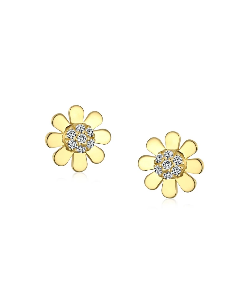 Bling Jewelry Tiny Petite Cz Cubic Zirconia Accent Dainty14K Yellow Gold Sunflower Daisy Flower Stud Earrings Secure Clutch Screw back