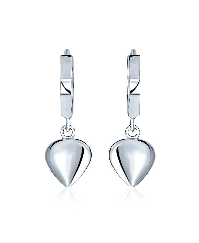 Bling Jewelry Delicate Sterling Silver Dangle Puff Heart Shaped Charm Huggie Hoop Earrings For