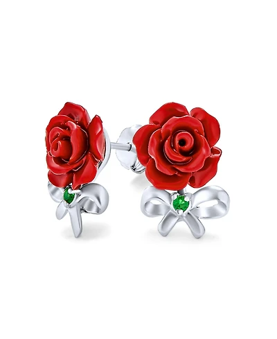 Bling Jewelry Delicate Floral Blooming Flower Emerald Green Cz Bow Ribbon 3D carved Red Rose Stud Earrings Sterling Silver