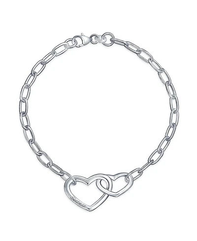 Bling Jewelry Couples Bff Sisters Intertwined Chain Link Charm Interlocking Open Hearts Bracelet Polished .925 Sterling Silver
