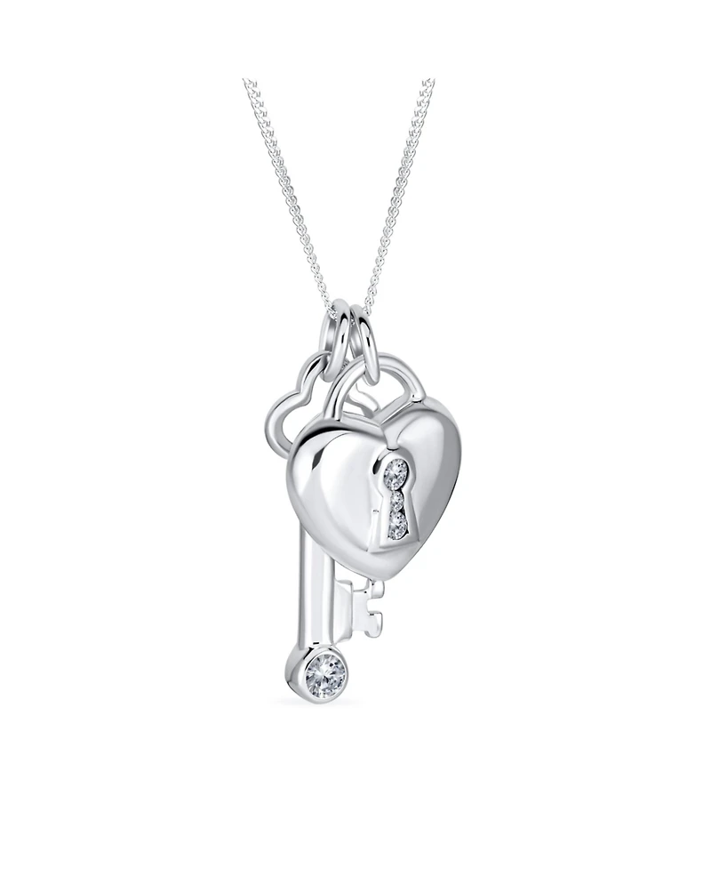 Bling Jewelry Love Lock And Key Heart Cz Accent Charm Pendant Necklace For Women For Sterling Silver