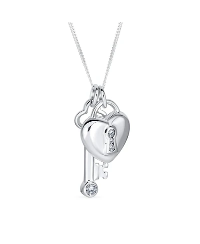 Bling Jewelry Love Lock And Key Heart Cz Accent Charm Pendant Necklace For Women For Sterling Silver