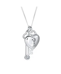 Bling Jewelry Love Lock And Key Heart Cz Accent Charm Pendant Necklace For Women For Sterling Silver