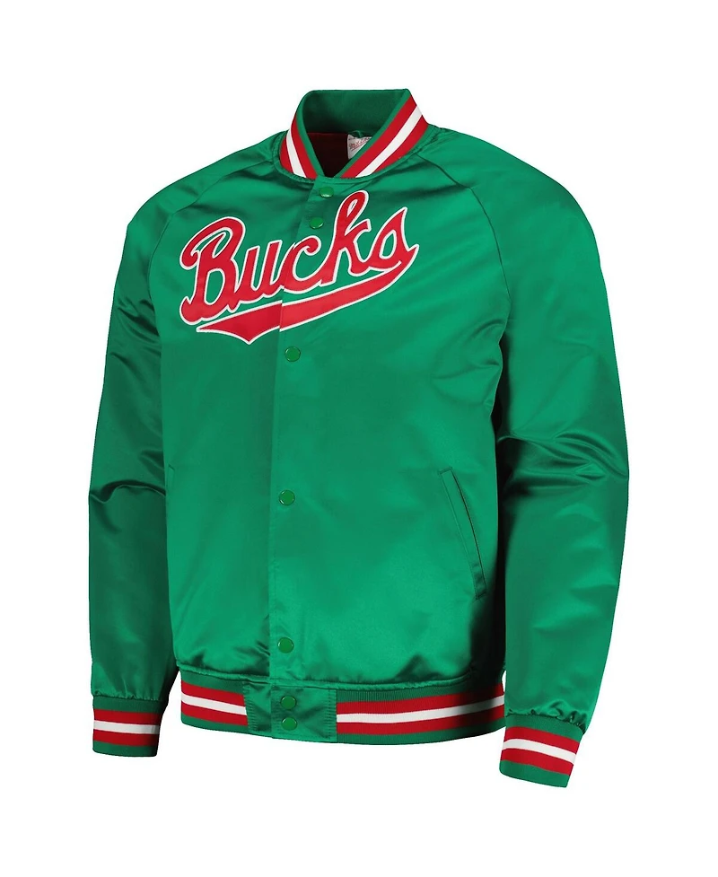 Men's Mitchell & Ness Green Milwaukee Bucks Hardwood Classics Throwback Wordmark Raglan Full-Snap Jacket