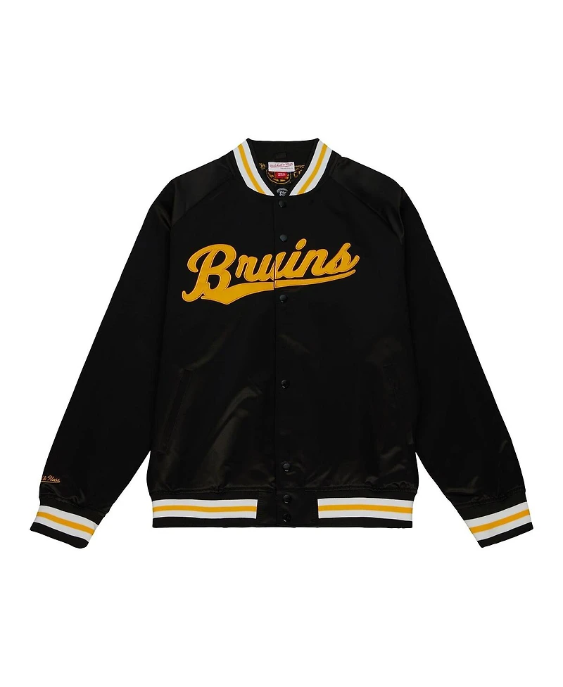Men's Mitchell & Ness Black Boston Bruins 100th Anniversary Satin Raglan Full-Snap Jacket