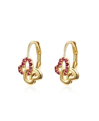 Radiant Double Heart Halo Drop Leverback Earrings for Kids/Teens in Sterling Silver with 14k Yellow Gold Plating and Red Accents