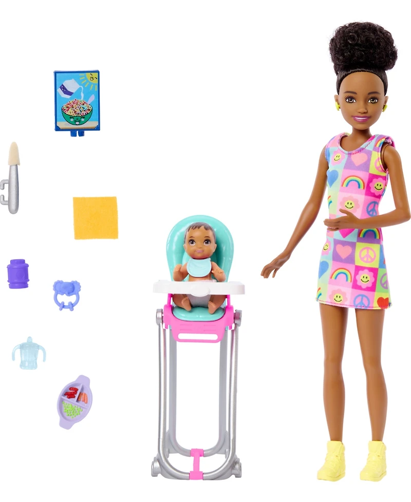 Barbie Skipper Babysitters Inc. and Play Set, Includes Doll with Black Hair, Baby, and Mealtime Accessories, 10 Piece Set