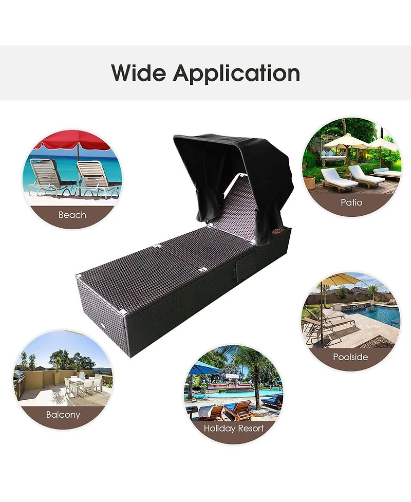 Outdoor Adjustable Cushioned Chaise Lounge Chair with Folding Canopy-Black