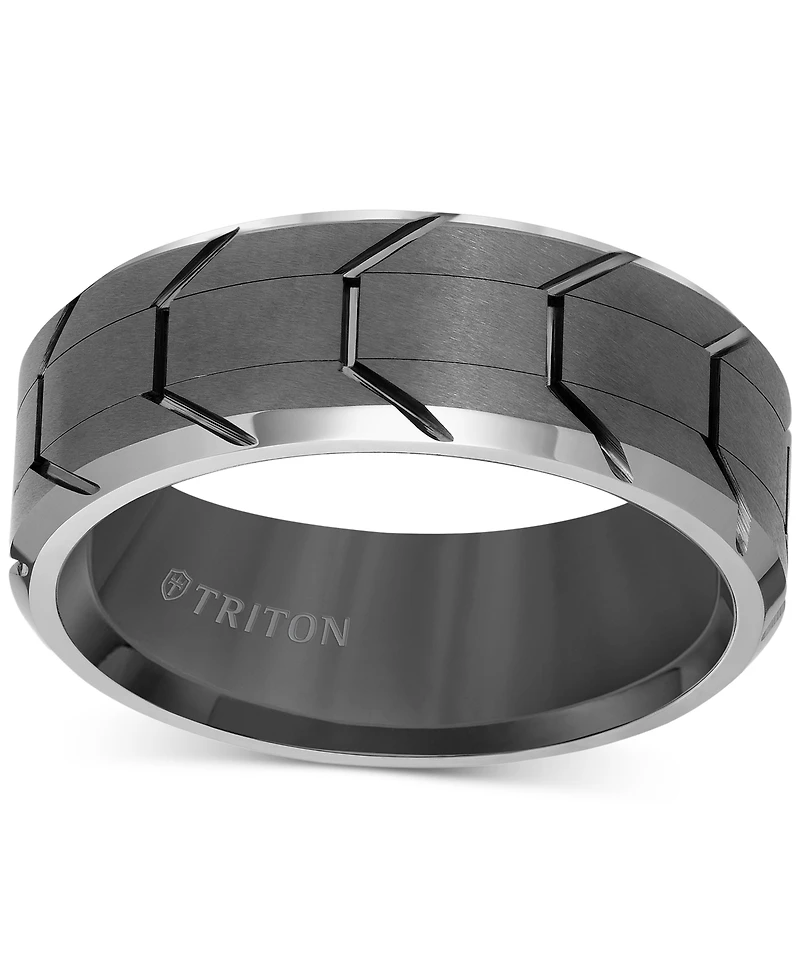 Triton Men's Beveled Edge Tread Wedding Band Gunmetal Gray Tungsten Carbide