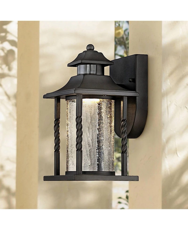 John Timberland Westray Mission Outdoor Wall Light Fixture Black Led Motion Sensor Dusk to Dawn 11 1/2" Clear Crackled Glass for Post Exterior Ho