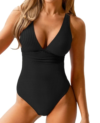 Cupshe Women's Black Ginger Ribbed & Ruched One-Piece