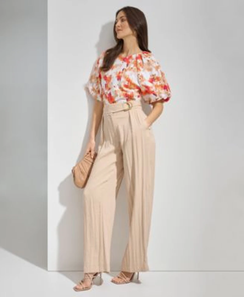 Dkny Womens Printed Scoop Neck Short Puff Sleeve Top Drapey Organza Belted Wide Leg Pants