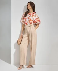 Dkny Womens Printed Scoop Neck Short Puff Sleeve Top Drapey Organza Belted Wide Leg Pants