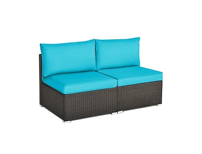 2 Pieces Patio Rattan Armless Sofa Set with Cushions and Pillows