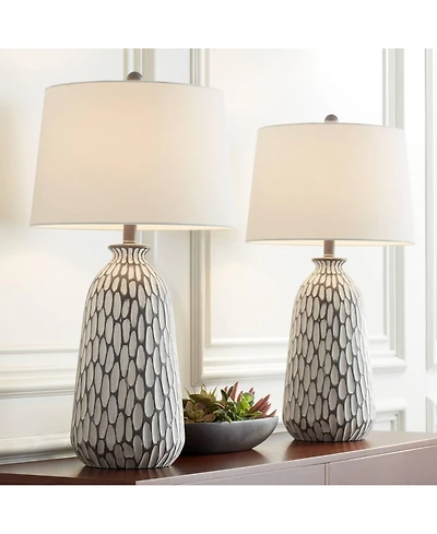 360 Lighting Carlton Modern Table Lamps 28 1/4" Tall Set of 2 Gray Wash Off White Fabric Drum Shade for Bedroom Living Room Bedside Nightstand Of