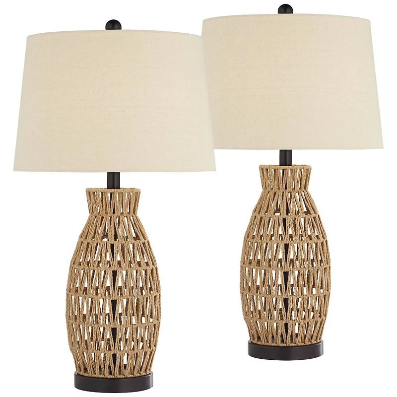 360 Lighting San Carlos Coastal Modern Table Lamps 29" Tall Set of 2 Natural Rattan Wicker Oatmeal Fabric Drum Shade for Bedroom Living Room Beds