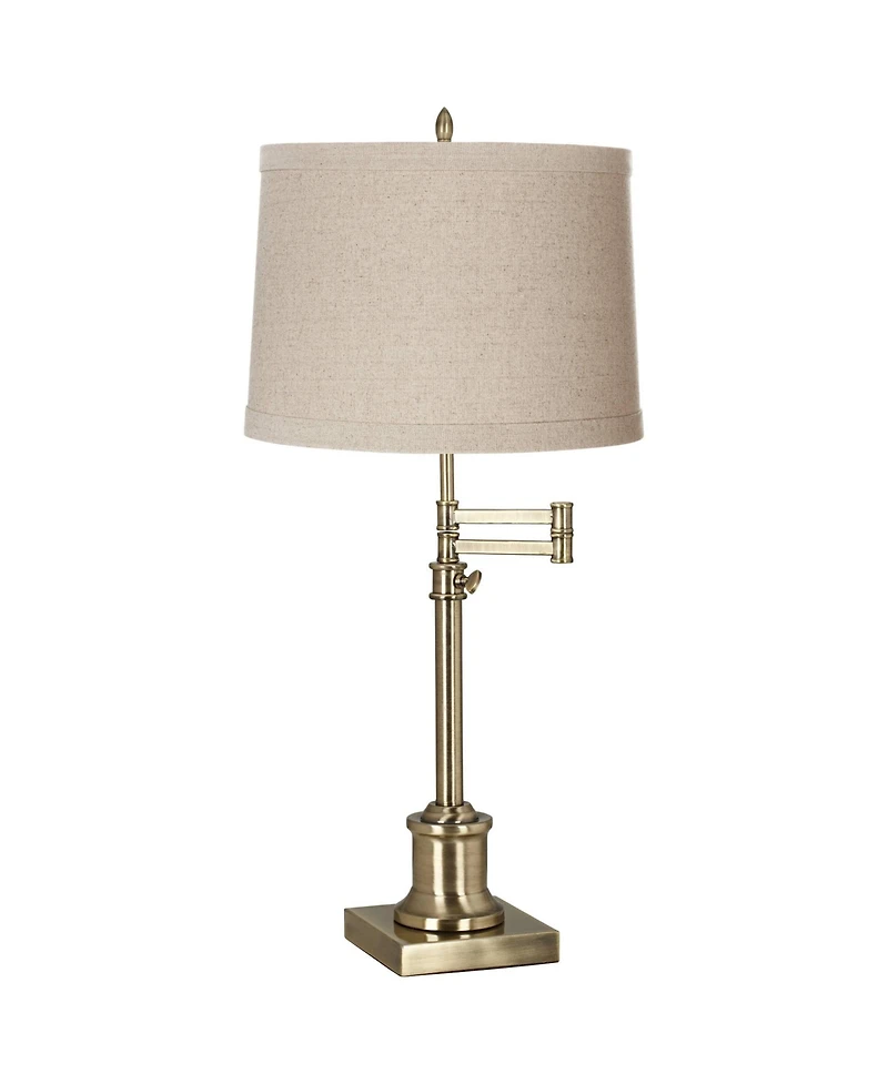 360 Lighting Swing Arm Desk Table Lamp 36" Tall Antique Brass Natural Linen Drum Shade for Living Room Bedroom Nightstand Office Family