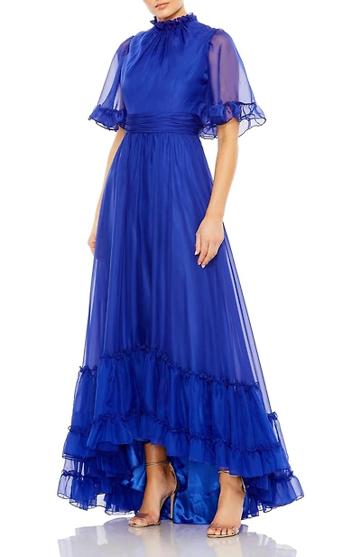 Women's Ruffled High Neck Flutter Sleeve Low Hem Gown