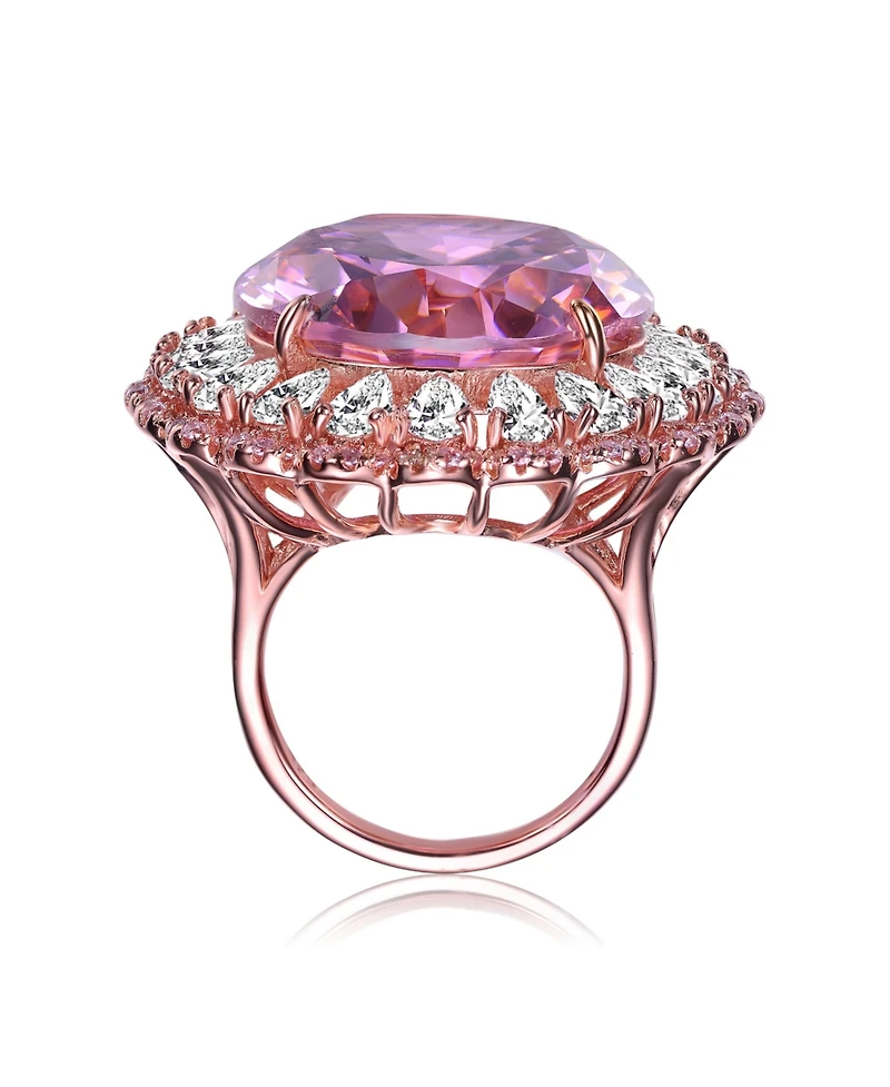 Sterling Silver 18K Rose Gold Plated with Purple Round Cubic Zirconia and Petals of Flower Ring