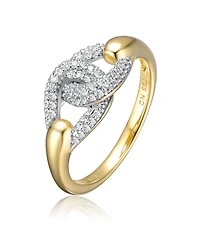 Sterling Silver 14k Yellow Gold Plated with Cubic Zirconia Entwined Double Curb Chain Ring