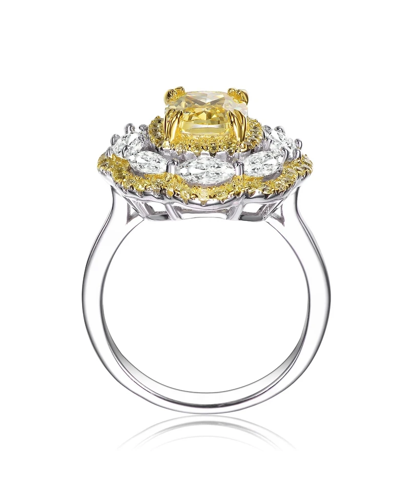 Sterling Silver White Gold Plated with Yellow Contrast Cubic Zirconias Flower Ring