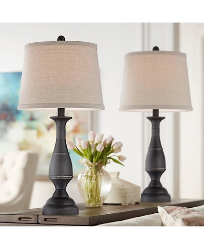 Regency Hill Ben Rustic Farmhouse Table Lamps 25" High Set of 2 Dark Bronze Metal Beige Linen Drum Shade for Bedroom Living Room Bedside Nightsta