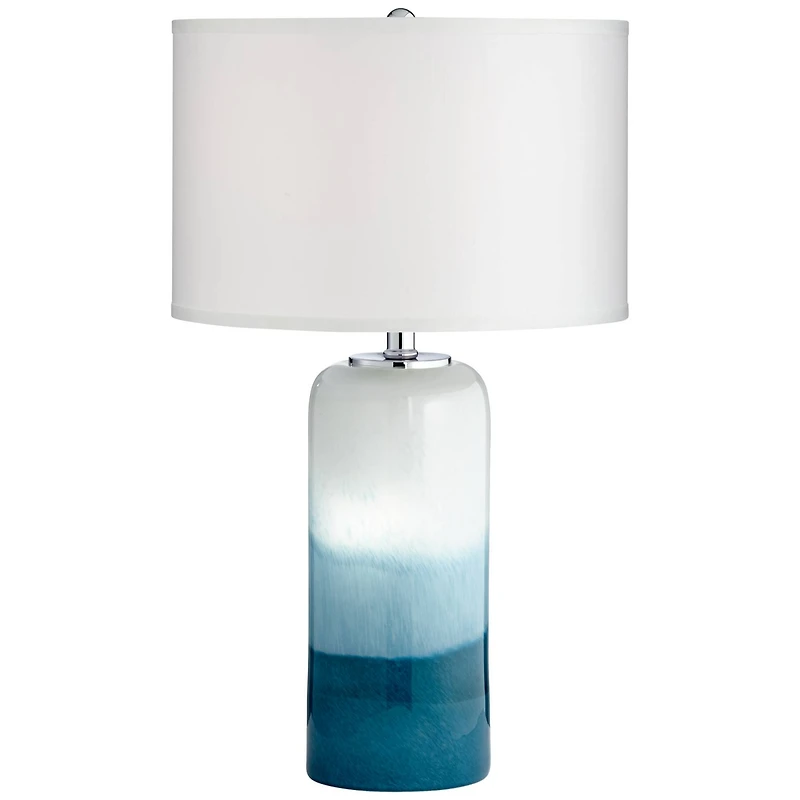 Roxanne Modern Coastal Table Lamp with Nightlight Led 25" High Blue Art Glass Column White Drum Shade Decor for Living Room Bedroom House Bedside Home