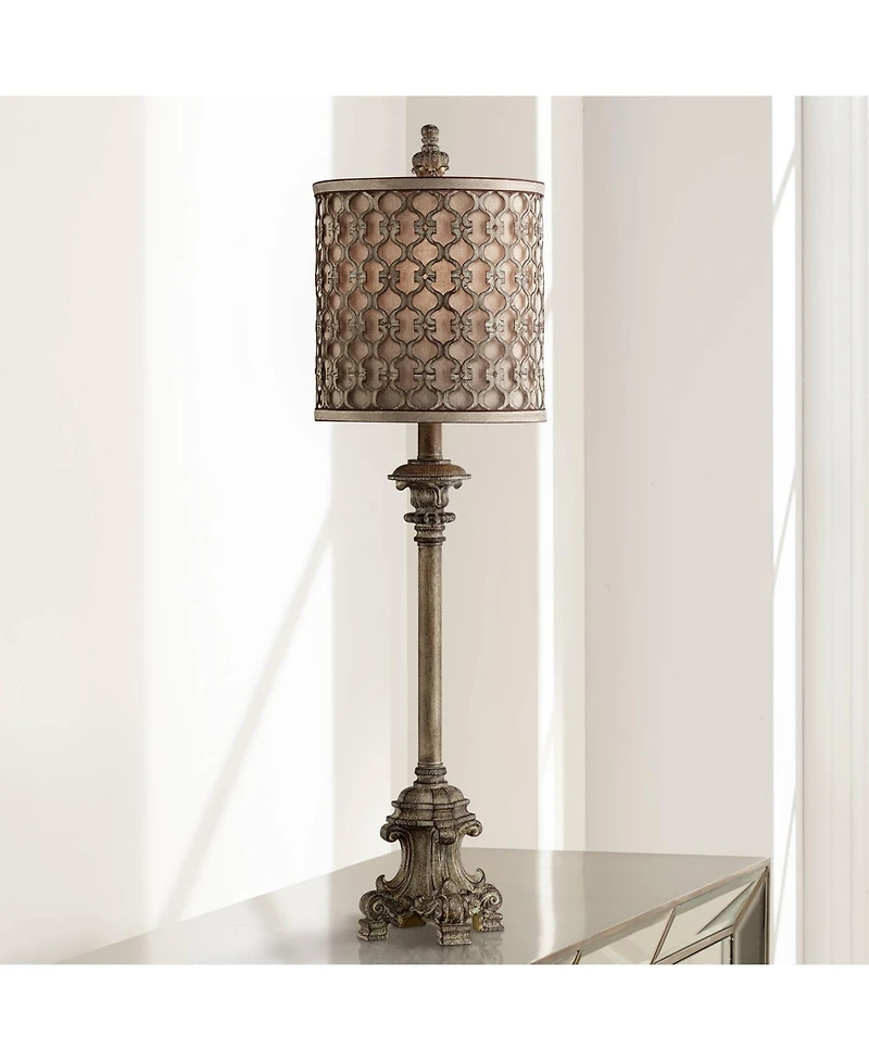 Regency Hill French Buffet Table Lamp Beige Scroll Metal Lattice Candlestick Framed Cylinder Shade for Dining Room