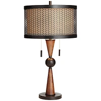 Franklin Iron Works Hunter Modern Rustic Farmhouse Table Lamp 29 3/4" Tall Cherry Wood Bronze Metal Double Drum Shade for Bedroom Living Room Hou