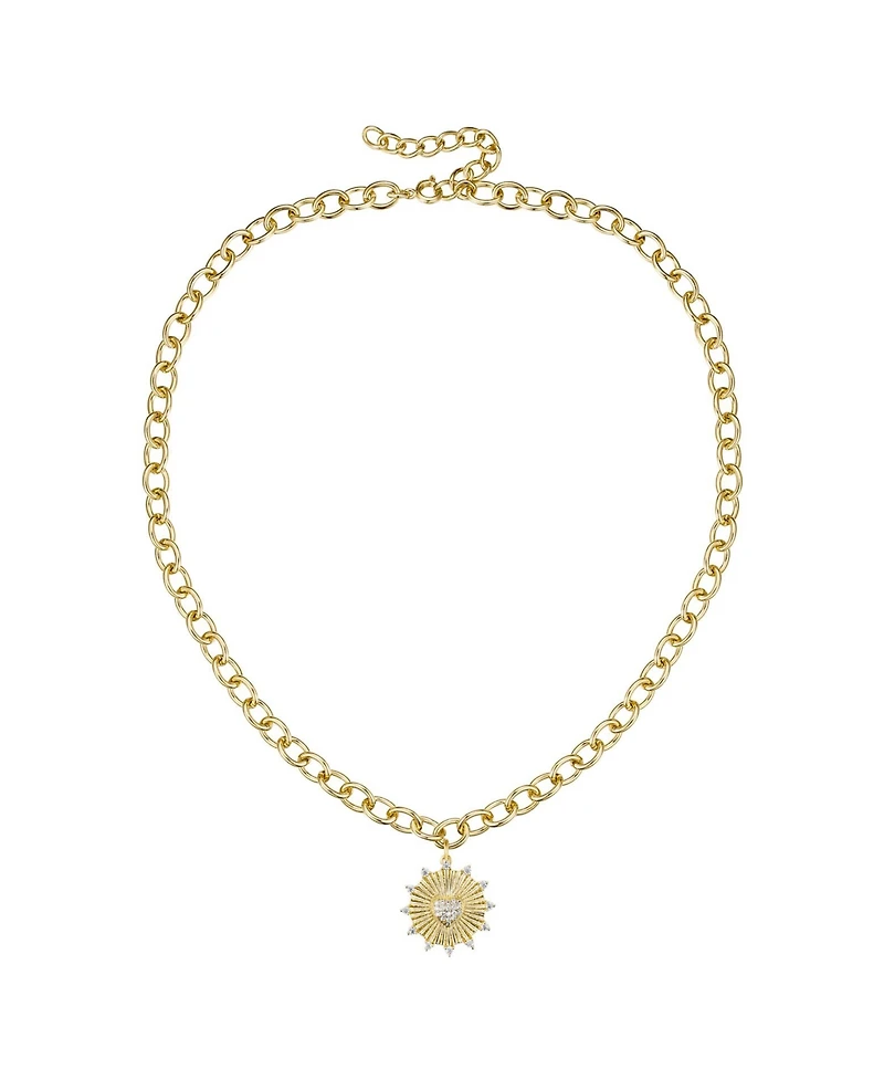 14k Gold Plated with Cubic Zirconia Vintage like Shield Sunshine Pendant Curb Chain Adjustable Necklace