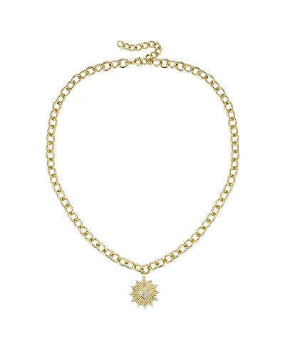 14k Gold Plated with Cubic Zirconia Vintage like Shield Sunshine Pendant Curb Chain Adjustable Necklace