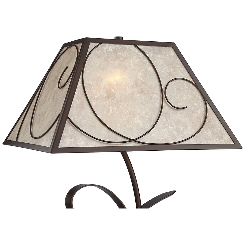 Teri Rustic Farmhouse Table Lamp 27" Tall Vintage like Brown Scroll Metal Light Mica Tapered Rectangular Shade for Bedroom Living Room House Home