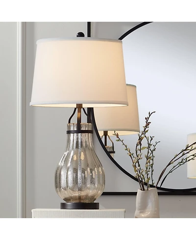 Franklin Iron Works Arian Rustic Farmhouse Table Lamp 27 1/2" Tall Oil Rubbed Bronze Fluted Mercury Glass White Drum Shade for Bedroom Living Roo