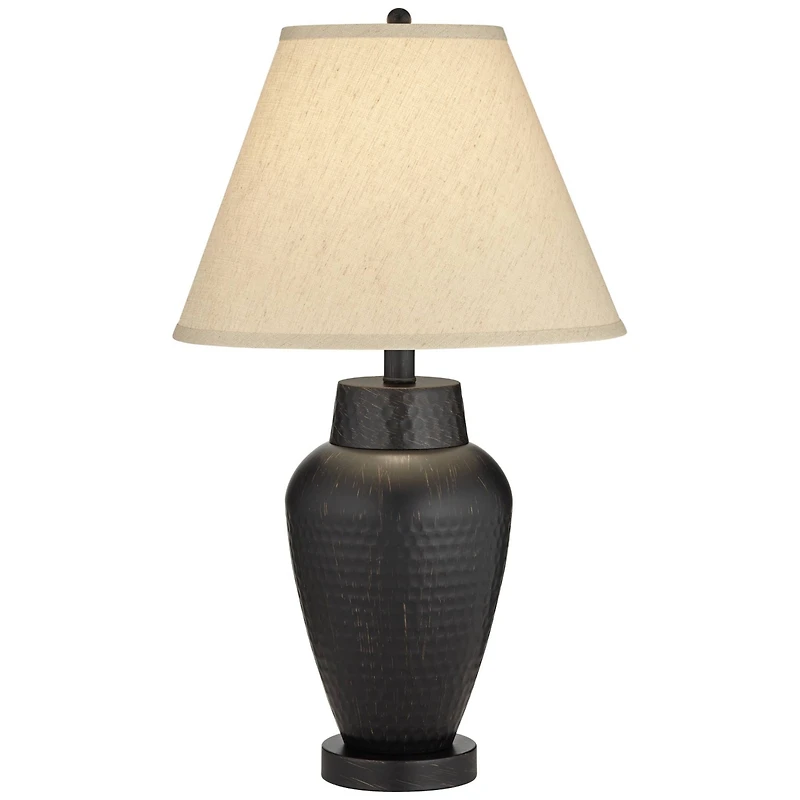 Regency Hill Auburn Rustic Farmhouse Table Lamp 25" High Bronze Hammered Natural Linen Empire Shade for Bedroom Living Room Bedside Nightstand Of