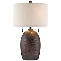 Franklin Iron Works Byron Rustic Table Lamp 27 1/2" Tall Hammered Textured Bronze White Drum Shade for Bedroom Living Room Bedside Nightstand Off